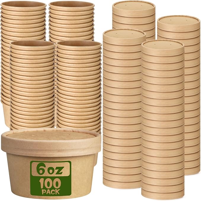 Fulmoon 100 Pack Paper Soup Containers with Lids Disposable Paper Food Containers with Vented Lids Kraft Ice Cream Bowls Soup Cup Ice Cream Cups for Restaurants(6 oz,Brown)