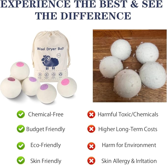 Wool Dryer Balls 6PCS Pure Organic Laundry Wool Tumble Dryer Ball Reusable Natural Fabric Softener Reduce Wrinkles and Drying Time