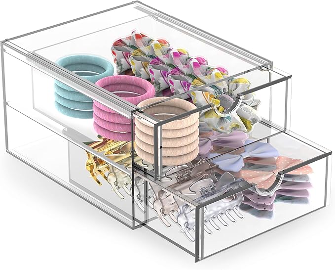 Hair Accessories Organizer for Girls, 2 Tier Acrylic Stackable Storage Drawers, Clear Vanity Hair Tie Bow Claw Clip Scrunchie Holder Organizer for Girls Stuff, Cute Desk Organizers and Accessories
