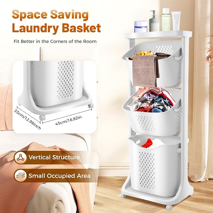 3 Tier Rolling Laundry Basket, Stacked Laundry Basket Organizer, Free Standing Portable Storage Baskets, Rolling Laundry Hamper Cart with 4 Wheels for Clothes, Toiletries, Snacks