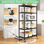 5 Tier Adjustable Storage Shelves, Heavy Duty Metal Storage Rack with Wheels, Shelving Units Utility Shelf for Kitchen, Pantry, Bathroom, Garage, Office Organization and Storage, Black, 13"x24"x59.7"