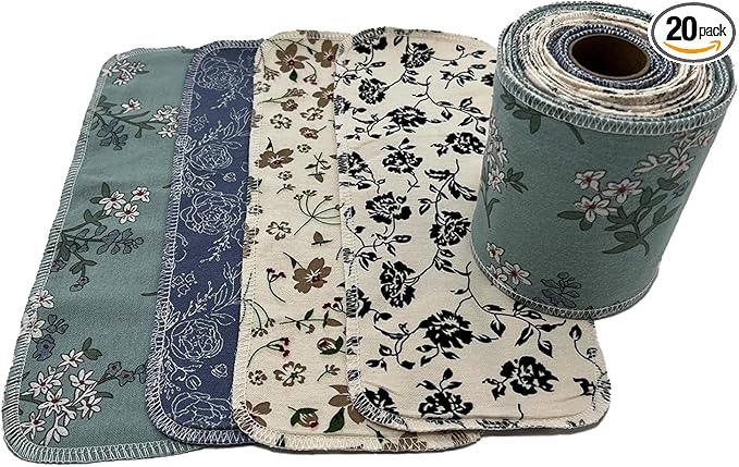 Reusable Toilet Paper Towels 20 Count Roll,Washable Cotton Cloth Paper Bidet Towels,2-Ply Super Soft Absorbent,Paperless Wipes Zero Waste(4 Colors Flower)