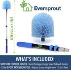 EVERSPROUT 1.5-to-3 Foot Cobweb Duster and Extension-Pole Combo (8-10 Ft Standing Reach, Soft Bristles) | Hand Packaged | Lightweight, 3-Stage Aluminum Pole | Indoor & Outdoor Use Brush Attachment