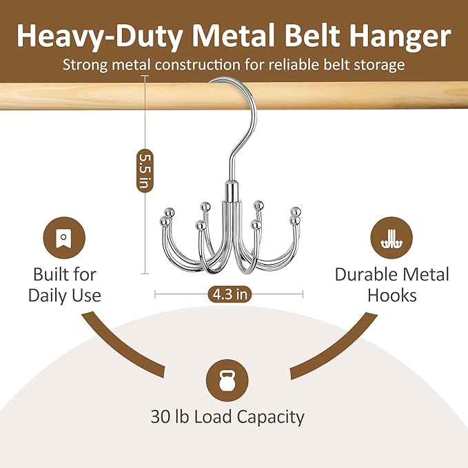 ZEDODIER 2 Pack Belt Organizer for Closet, Heavy-Duty Rotating Belt Hanger Rack Holds up to 48 Belts, Hanging Space Saving Metal Belt Holder for Closet Storage, Silver
