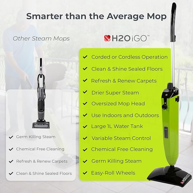 H2O iGO Indoor & Outdoor Cordless Steam Mop for Hardwood Floors, Carpets, Windows, Upholstery, Kitchens, Bathrooms - Portable, Rechargeable, Wireless, Steamer Mops for Floor Cleaning
