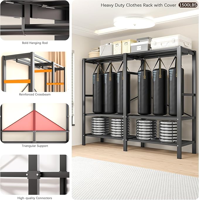 Foldable Portable Armoire Wardrobe Closet for Hanging Clothes Rack, Heavy Duty Covered Clothes Rack with Cover(HARDBOARD Magnetic), Closet Garment Rack for Bedroom Storage (KT Black, 49.21in)