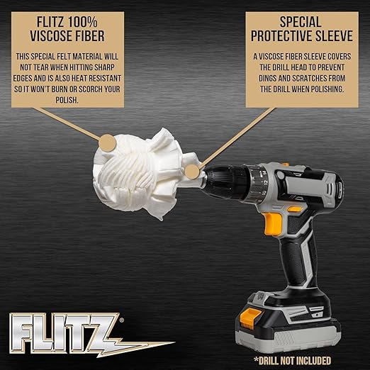 Flitz Buff Ball w/ 1.76oz Metal Polish Paste - 3in Drill Buffer Polisher Attachment for Any 3/8in Drill - Self-Cooling, Washable Polishing Ball to Buff, Shine, & Protect All Metals, Plastics (1 Pack)
