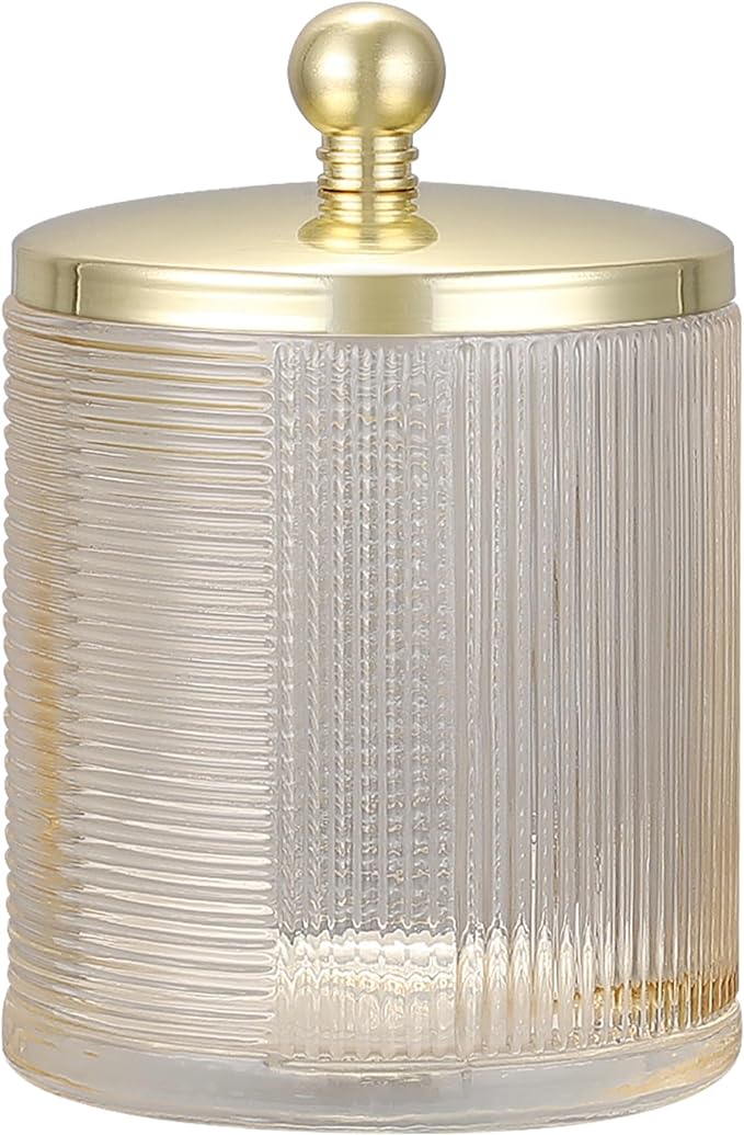 Tan Colored Tranlucent Apothecary Ribbed Geometric Etched Glass Jar W/Gold Metal Lid Cover for Bathroom Organization, Cotton Balls, Q Tips, and Small Accessories, Bathroom Storage