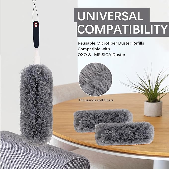Reusable Microfiber Duster Refills Compatible with OXO & MR.SIGA Duster - Washable Duster for Household Cleaning Dusting Furniture Blind Ceiling Fan - 2Pack Grey (Handle NOT Included
