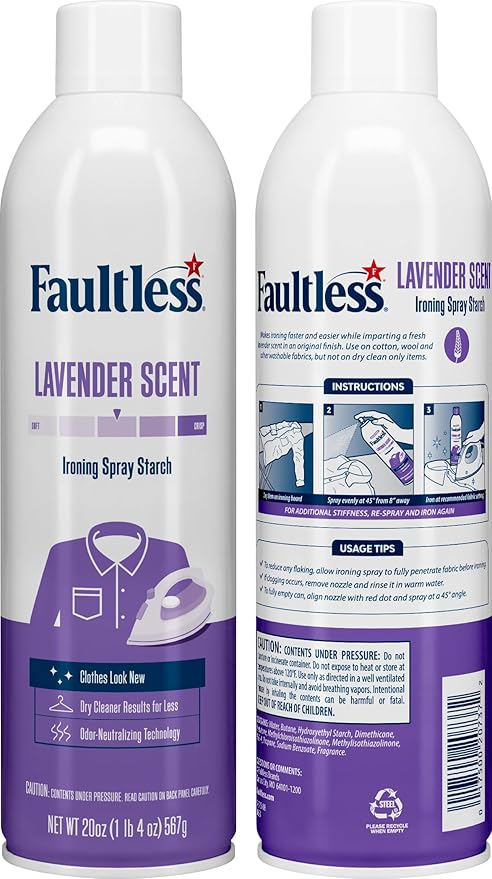 Laundry Starch Spray, Faultless Lavender Spray Starch 20 oz Cans for a Smooth Iron Glide on Clothes & Fabric Even Spray, Easy Iron Glide, No Reside (Pack of 2)