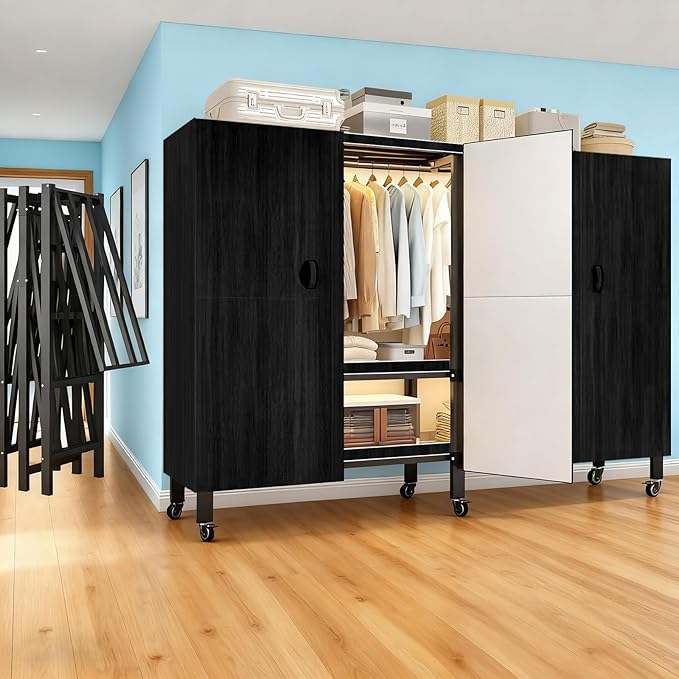 Foldable Portable Armoire Wardrobe Closet for Hanging Clothes Rack, Heavy Duty Covered Clothes Rack with Cover(HARDBOARD Magnetic), Closet Garment Rack for Bedroom Storage (KT Black, 49.21in)