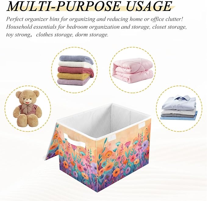 senya Large Storage Bins with Linen Collapsible Foldable Storage Cubes Fabric Closet Organizer Containers box with Flip-Top Lid for Home Bedroom Office 16.7 x 12.6 x 11.8in (Wildflowers Colorful)