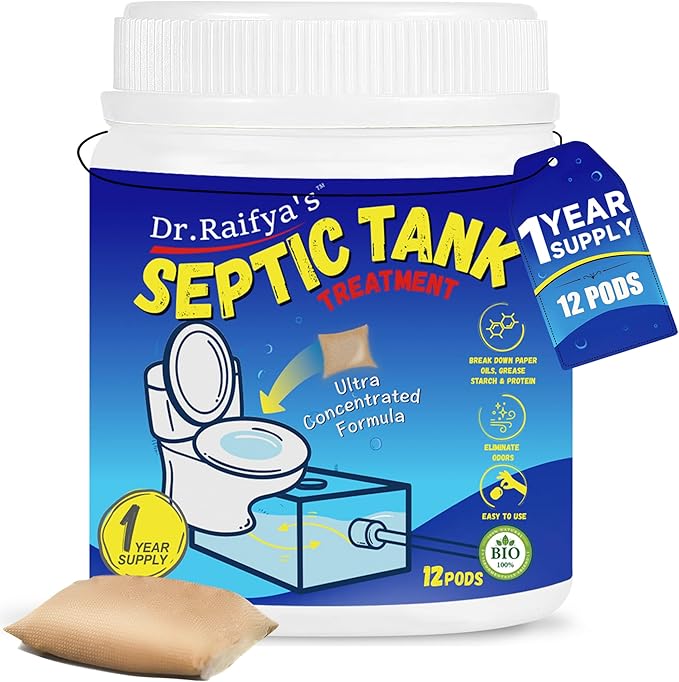 Dr.Raifya's Septic Tank Treatment Pods - 12 Pcs for 1-Year Supply | Beneficial Bacteria & Enzymes Formula Ultra Concentrated for Clog Prevention & Odor Elimination | Suitable for All Septic Systems