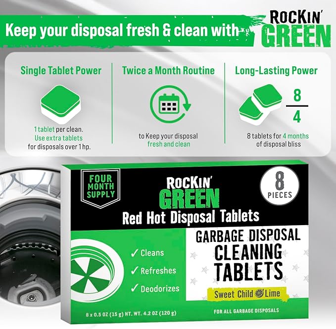 Rockin' Green Deep Cleaning and Deodorizing Tablets for Dishwashers, Washing Machines, and Garbage Disposals, Removes Odor and Residue (Garbage Disposal Cleaning Tablets, 8 Pack)