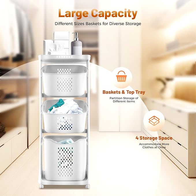 GOSHET Laundry Basket, 3 Tier Sorter Clothes Storage Hampe Organizer Shelf Rolling Cart With 4 Wheels 55.12lbs Load White For Kitchens, Bathrooms, Bedrooms, Dormitories, Classrooms, Laundry Rooms