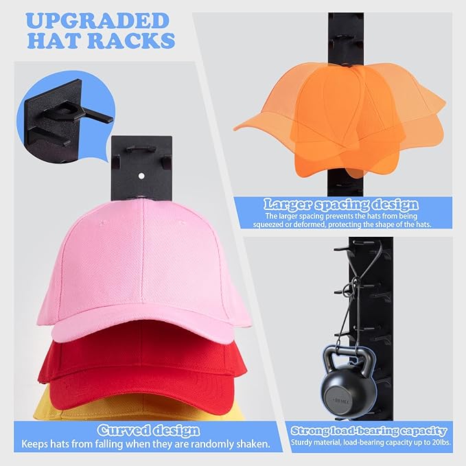 Dntorx Hat Organizer for Baseball Caps, 4 Pack Black Hat Rack for Wall Hold up to 36 Hats Strong Adhesive Hat Hooks Stand Hat Hanger Organizer Storage Holder Display for Door Closet