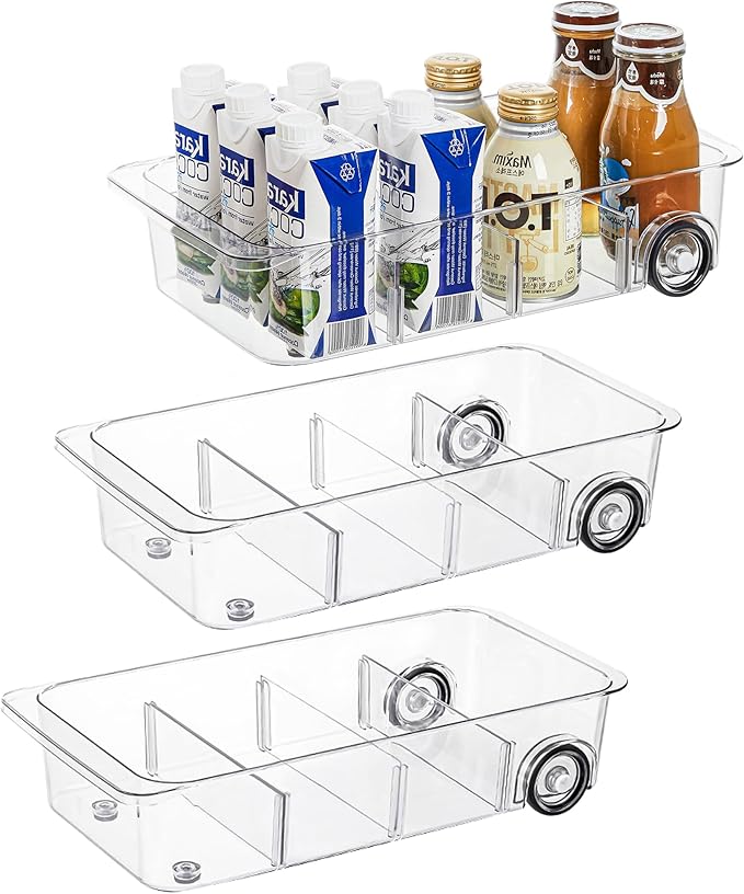Attelite 3 Pack Fridge Organizer on Wheels,Roll Out Refrigerator Organizers and Storage Clear Design with Dividers,Upgrade Thick Plastic Storage Bins with Wheels, Kitchen Organization