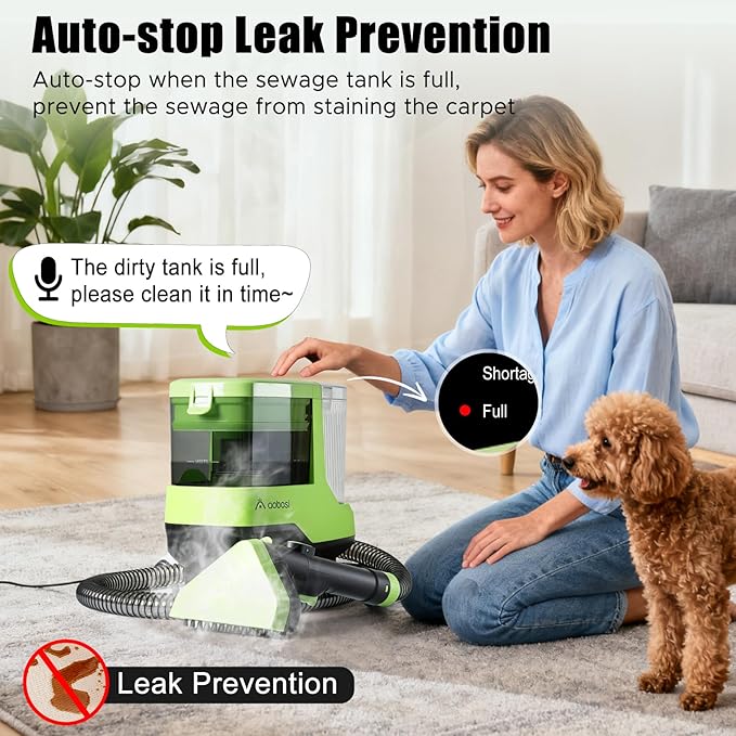 AAOBOSI Portable Carpet Cleaner Machine, 17Kpa Upholstery Steam Cleaner with Smart Voice Prompting, Self-cleaning, 4 Tools for Pets, Car, Couch and Stairs- C688, Green