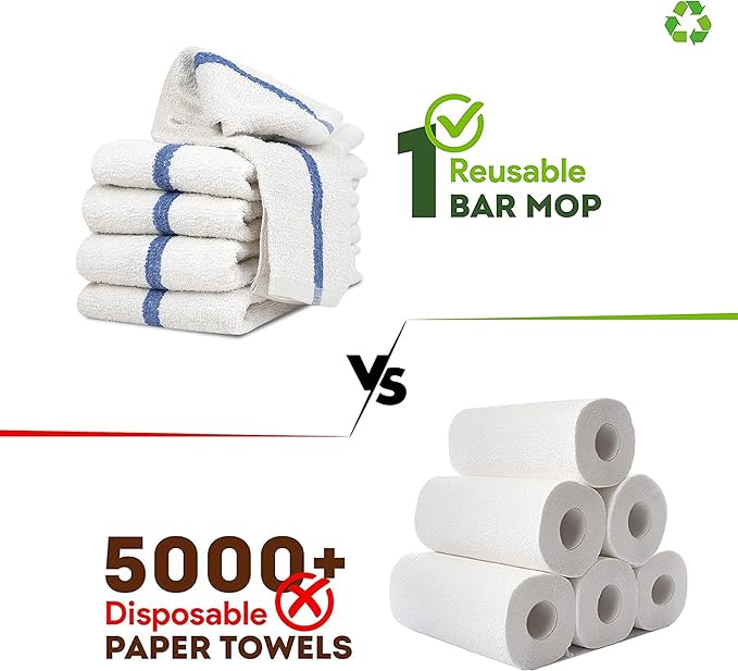 STF Linen Bar Mops Blue Stipe Pack of 36 Kitchen Towels 16x19 Multi-Purpose for Home, Restaurant and Cleaning White Absorbent Washcloth Dishcloths Sets, Reusable Dish, Cloths Rags