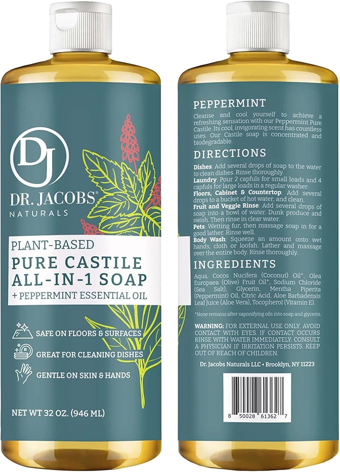 Dr. Jacobs Naturals Peppermint Castile All-in-One Cleaner and Soap - Plant-Based Formula for House Cleaning Floors and Appliances - Gentle on Skin and the Planet - 32 oz, 2 Pack