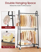Sakugi Heavy Duty Clothes Rack, Metal Clothing Rack with Double Hanging Rods, 4 Hooks & Mesh Shelf, Freestanding Garment Rack with Triangular Design for Bedroom Closet, 36.5" x 16.9" x 72.8", Black