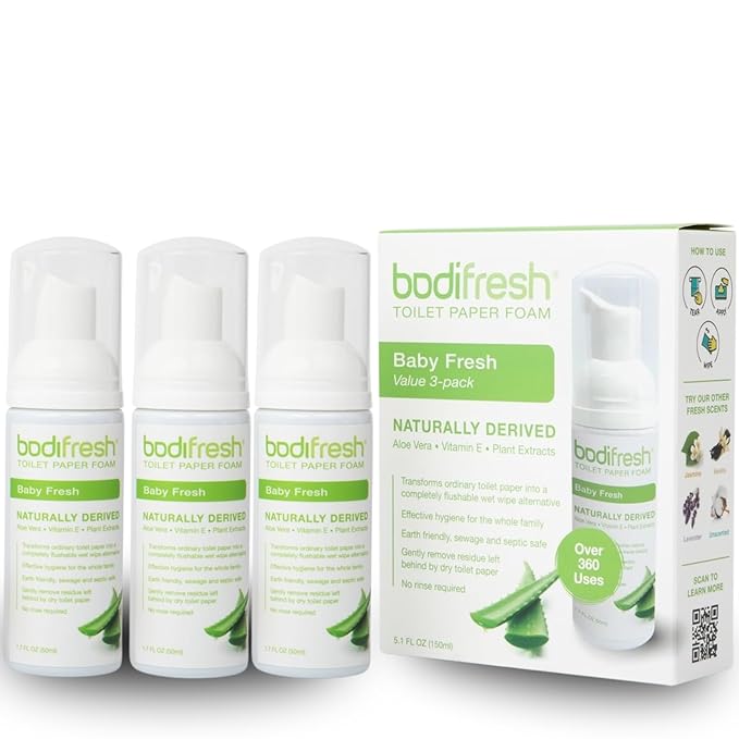 Toilet Paper Foam, Liquid Wet Wipe | Plant-Based, Eco Friendly Flushable Wet Wipe Alternative with Aloe & Vitamin E (1.7 Fl Oz (Pack of 3), Baby Fresh)