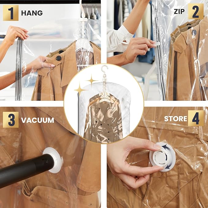 TAILI Hanging Vacuum Storage Bags Space Saver Bags, Vacuum Sealer Bags for Clothing, Suits and Jackets, Closet Organizers and Storage, (3 Long, 3 Short) Clear