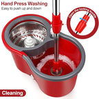 Spin Mop and Bucket with Wringer Set, 360° Spinning Mop Bucket System with 3 Microfiber Mop Replacement Heads, Adjustable Handle for Floor Cleaning (red)