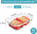 Vtopmart 5Pack 22oz Glass Storage Containers with Lids, Glass Meal Prep Food Container Sets with Snap Airtight Lids for Microwave, Oven, Freezer and Dishwasher, Blue