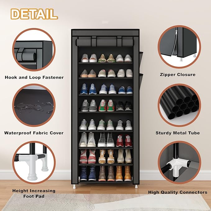 Calmootey 9 Tier Shoe Rack Organizer,Portable Shoe Shelf with Nonwoven Fabric Cover for Closet Hallway,Bedroom,Entryway,Grey