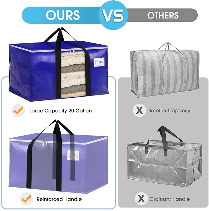 BlissTotes 6 Pack Moving Bags with Clear Window, Storage Bags with Strong Carrying Handles & Zippers,Large Packing Bags for Saving Space, Alternative to Moving Boxes(Blue,20 Gallon)