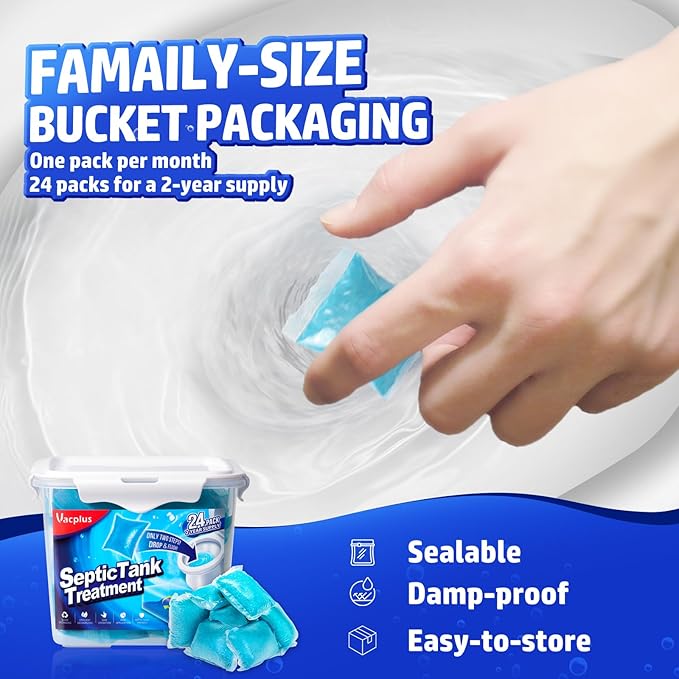 Vacplus Septic Tank Treatment - 24 Packs for 2-Year Supply, Bucket-Packed Septic Tank Treatment Packets, Dissolvable & Flushable Septic Tank Treatment Enzymes with Easy Operation for Wastes & Odors