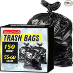 150 Count 55-60 Gallon Trash Bags, Sturdy & Tear-Resistant Commercial Can Liners 55 Gallon, Large Garbage Bags, Large Black Trash Bags for Commercial, Lawn and Leaf Bags