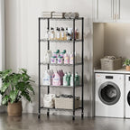 SINGAYE 5 Shelf Storage Wire Shelves Closet Bathroom Organizers Metal Pantry Kitchen Garage Shelving Unit Laundry Room Organization Home Narrow Rack Net Basket with Wheels Black