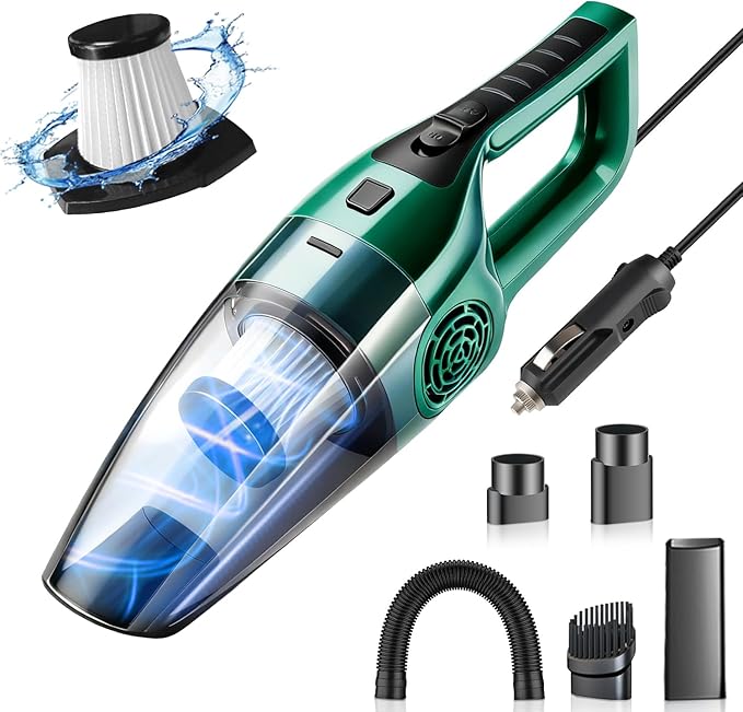 Car Vacuum Cleaner – 9000PA High Power Suction, DC 12V Portable Handheld Auto Vacuum with Attachments, Mini Car Interior Cleaner for Pet Hair, Dust, Crumbs, and Debris (Green)
