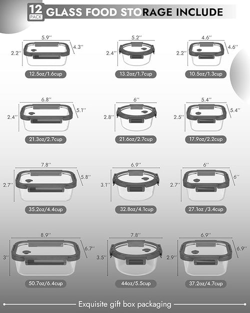 12-Pack Glass Containers with Tempered Lids – Borosilicate, Oven-Safe(-4°F~950°F), Airtight, BPA-Free, Multi-Size for Meal Prep, Dishwasher Safe (Gray)