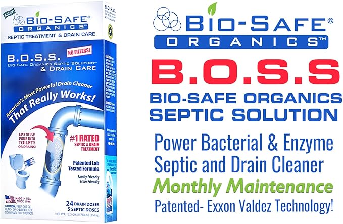 B.O.S.S. Septic Tank Treatment - 12.5oz Powder - 24 Drain or 5 Septic Doses - Patented Bacterial Enzyme - 100% Treats Odors Clogs Backups Pumpouts & Repairs - Works in All Septic Systems - Made in USA