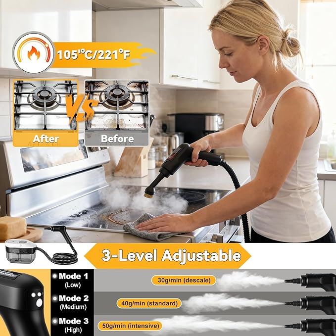 2500W Portable Handheld Steam Cleaner,54oz Large Capacity,3-Level Adjustable Handle,15s Fast Heating Steamer for Cleaning with 20 Pcs Accessories,Plug-and-Play Steam Cleaner for Home,Car,Kitchen,More