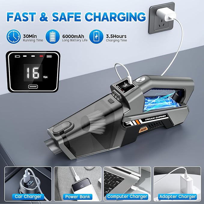 EYYA Handheld Vacuum Cordless, 16KPA Powerful Suction Hand Held Vacuum Cleaner Dust Busters Cordless Rechargeable, HD Display & 3 LED Lights, Portable Vacuum for Car, Home, Pet Hair