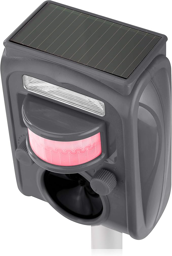 DURANOM Ultrasonic Animal Repeller – Solar Powered Outdoor Deterrent with Flashing Light & Motion Sensor – Repels Deer, Cats, Rodents, Raccoons – Animal Control for Yard & Garden