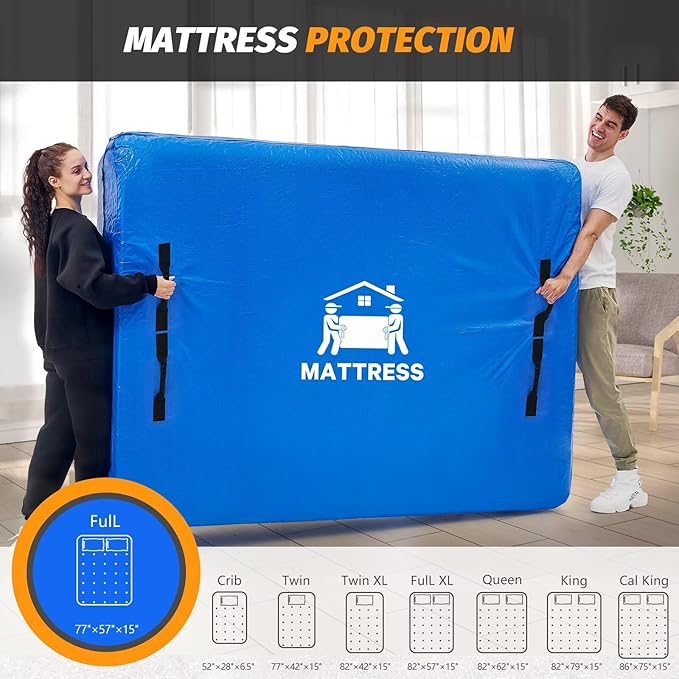 Mattress Bags for Moving, BETU Mattress Protector Waterproof Mattress Cover Full Size Storage Bags with 8 Heavy-Duty Handles and Zipper for Bed Extra Thick Large Reusable (77"x57"x15" Blue)