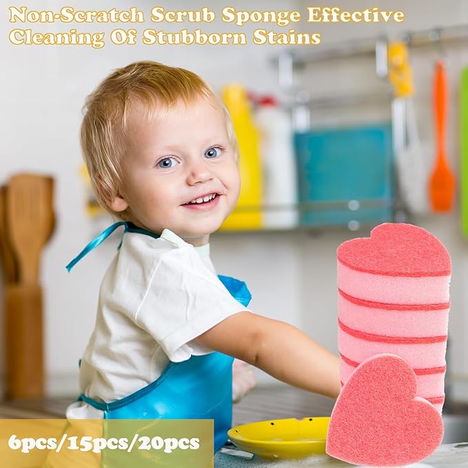 Heart Shaped Non-Scratch Scrub Sponge, Dual-Sided Cleaning Kitchen Sponge and Scrubber for Washing Dishes, Pots & Pans and Household Cleaning Supplies, 6 Scrubbing Sponges