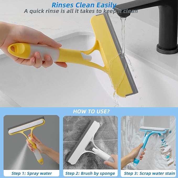 3 in 1 Window Squeegee, Cleaning Scraper with Scrubber Sponge Sprayer Clean Kit for Glass, Tile Walls, Shower Door, Car, Bathroom (Yellow)