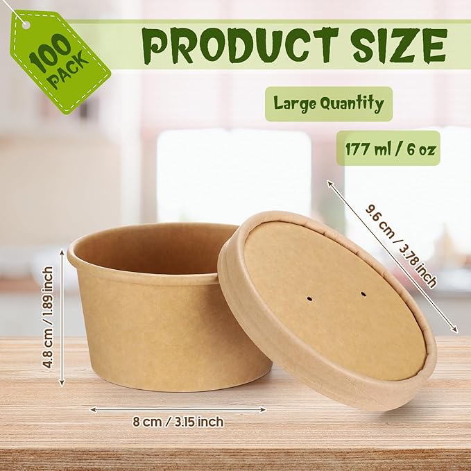 Fulmoon 100 Pack Paper Soup Containers with Lids Disposable Paper Food Containers with Vented Lids Kraft Ice Cream Bowls Soup Cup Ice Cream Cups for Restaurants(6 oz,Brown)