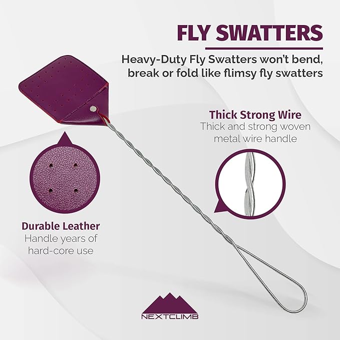 Fly Swatter Heavy Duty Vegan Leather, 21" Thicker Extra Long Sturdy Metal Woven Wire Handle, Manual Large Flies Killer Swatters Insect Smasher Bug Bee Wasp for Indoor and Outdoor (1 Pack, Purple)