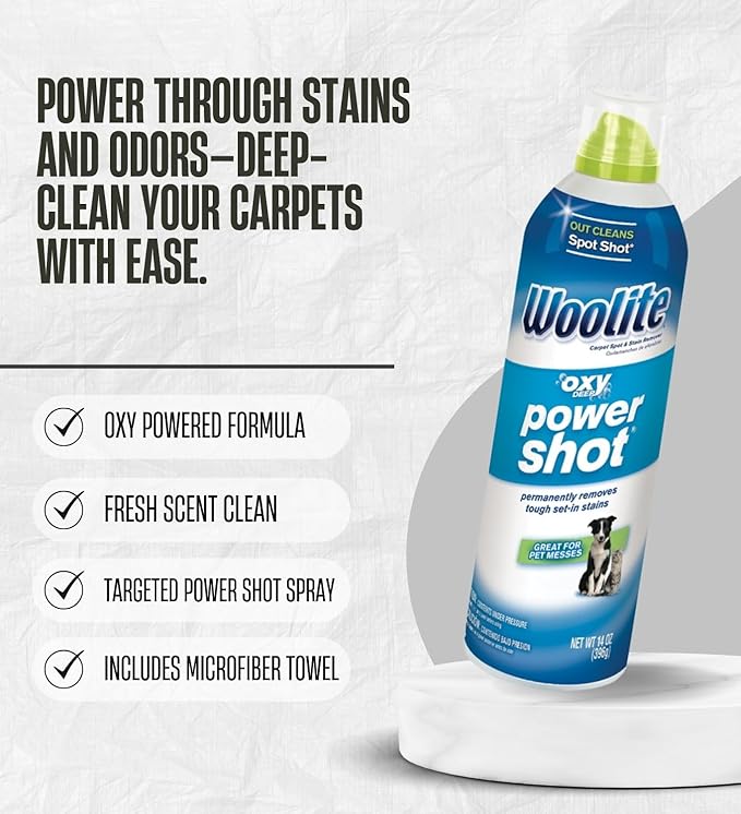 Power Shot Fresh Scent Cleaner 14 oz Liquid Bundle with Microfiber Cloth – Removes Tough Stains and Freshens Carpets and Rugs – Gift Set (4 Items)
