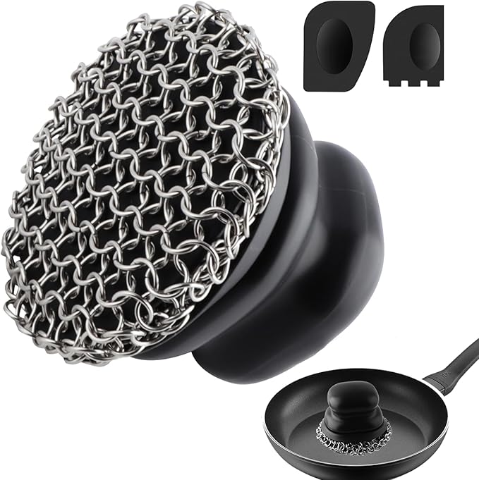 Upgraded Cast Iron Cleaner Brush with Heavy Duty Handle, Chain Mail Cast Iron Skillet Pan Scrubber for Griddle Cleaning Brush with Pan Grill Scrapers