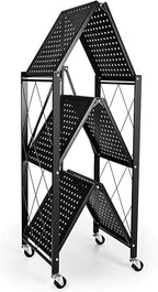 HealSmart Heavy Duty 3-Tier Foldable Metal Rack, 14.96" D x 27.95" W x 34.25" H Storage Shelving Unit 750 lbs with Wheels Moving Organizer Shelves for Garage Kitchen, Black
