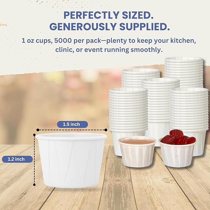 1 Oz Paper Souffle Cups (5000 Pack) Disposable Portion Cups for Ketchup, Condiments, Medicine, Pills, and Food Samples – Ideal for Home, Office, Catering, and Healthcare Use