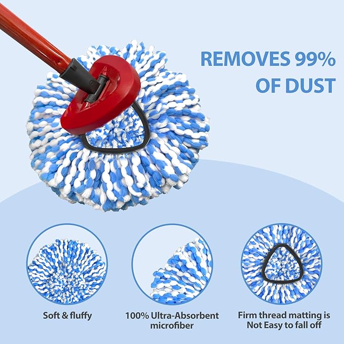 Cedar Mop Replace Head for RinseClean 2-Tank System, Microfiber Spin Mop Refills, Easy to Replace, Include 3 Mop Replace Heads, 1 Extra Mop Replacement Base